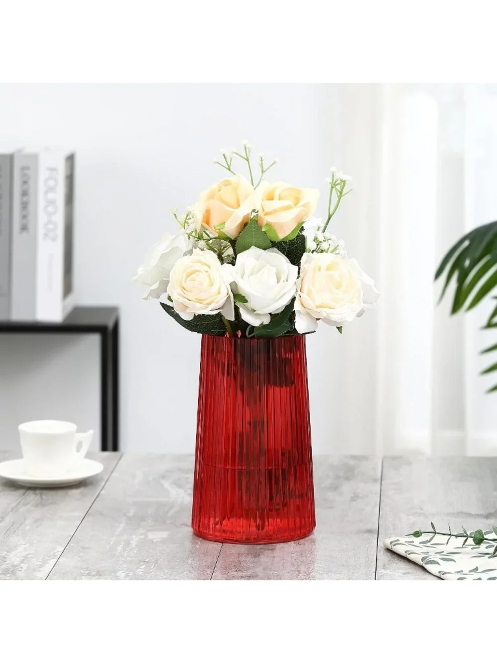 8 Inches Modern Red Glass For Vase Flower Bouquet Living Room Bedroom Home Deco